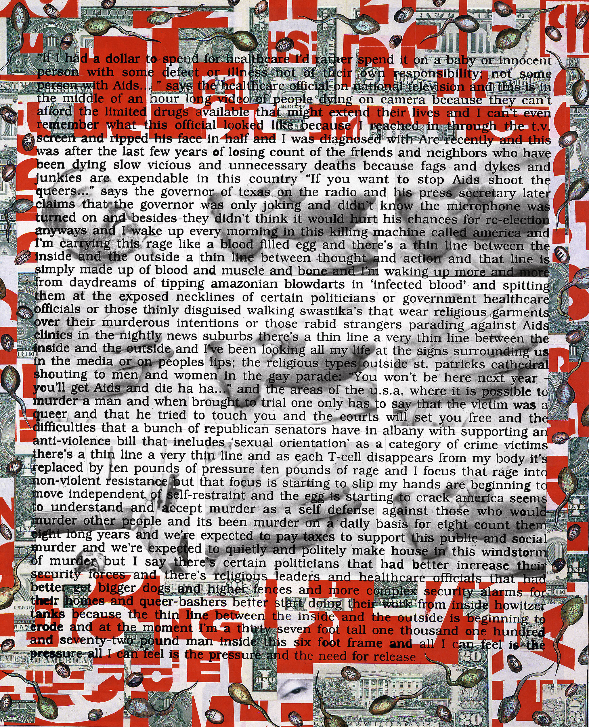 Collage of words written over images of a dead man's body. 