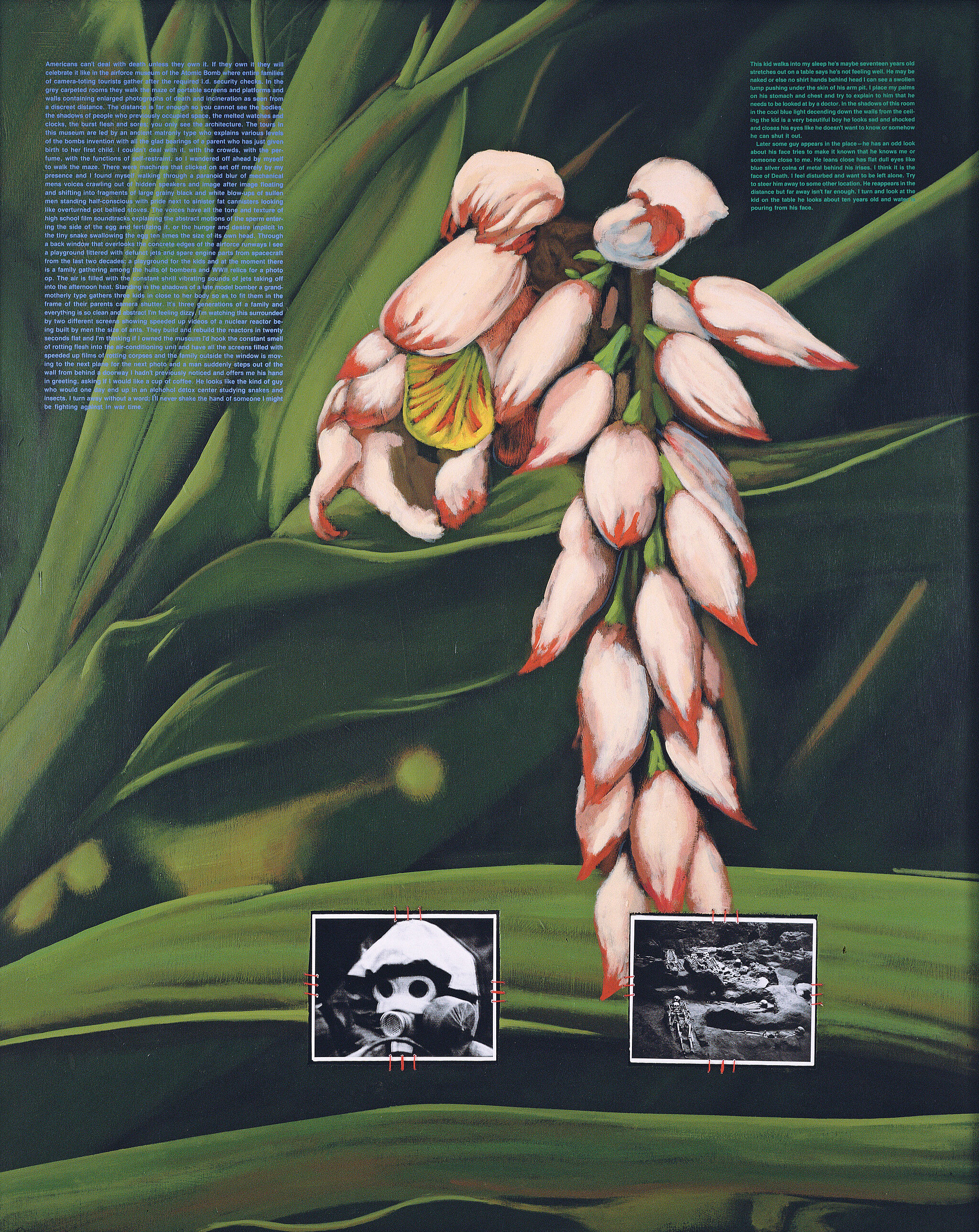 A painting of flowers with text and images of war overtop. 