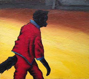 A painting of an animal-is figure on a yellow background. 