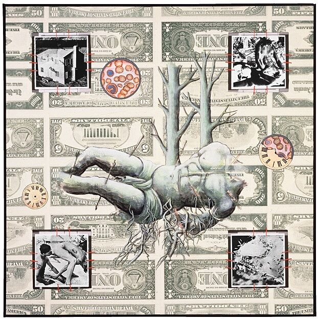 A print of a body surrounded by 4 smaller images over the background of printed money.