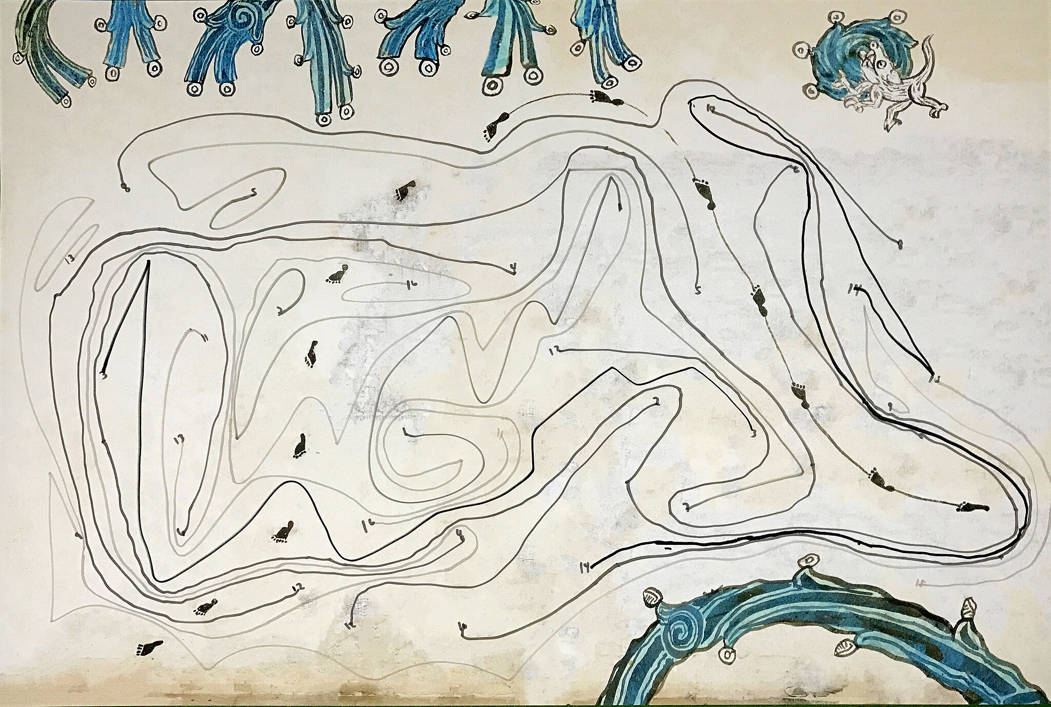 A maze like drawing with small footprints. 
