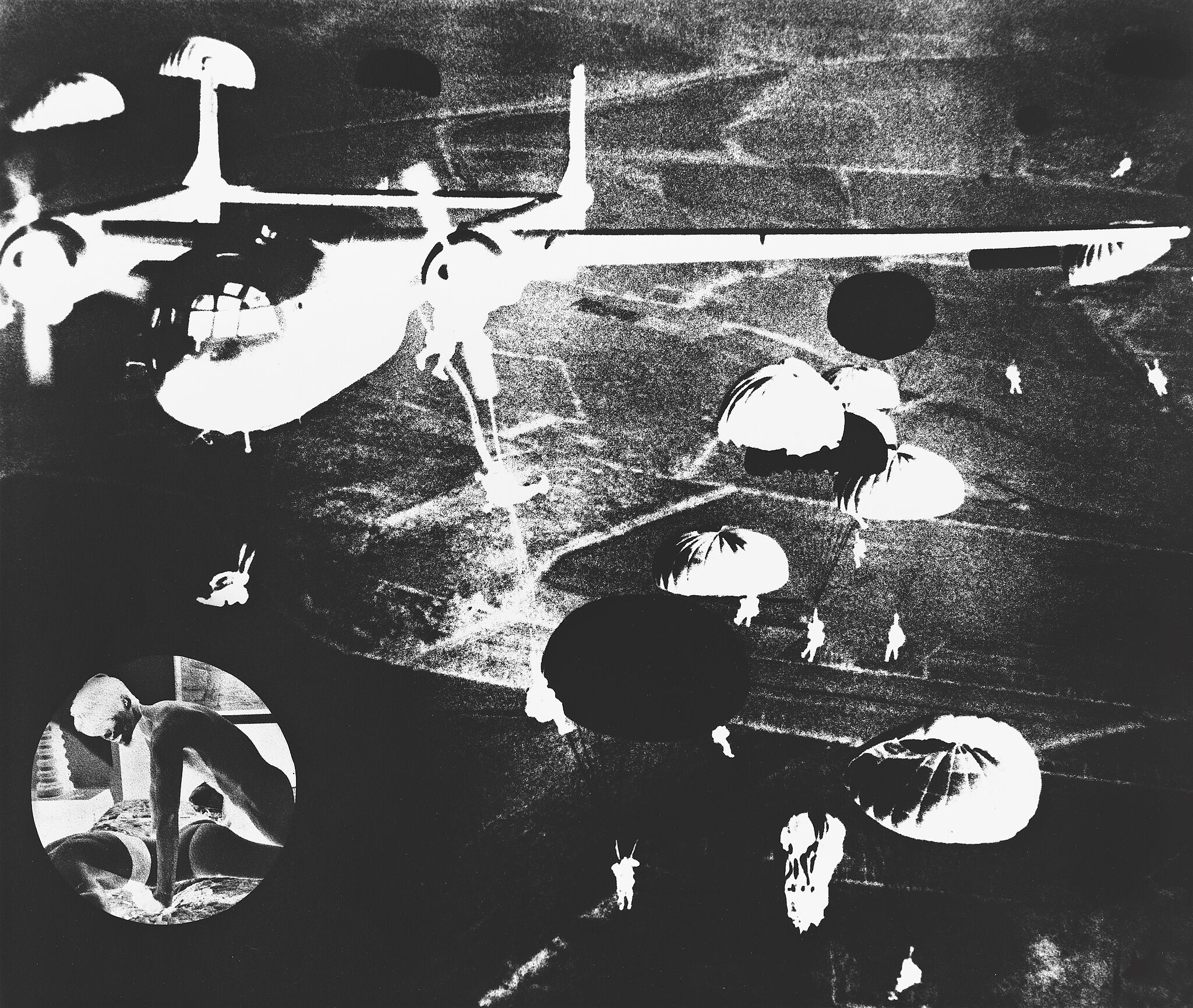 Black and white image of plane and couple having sex.