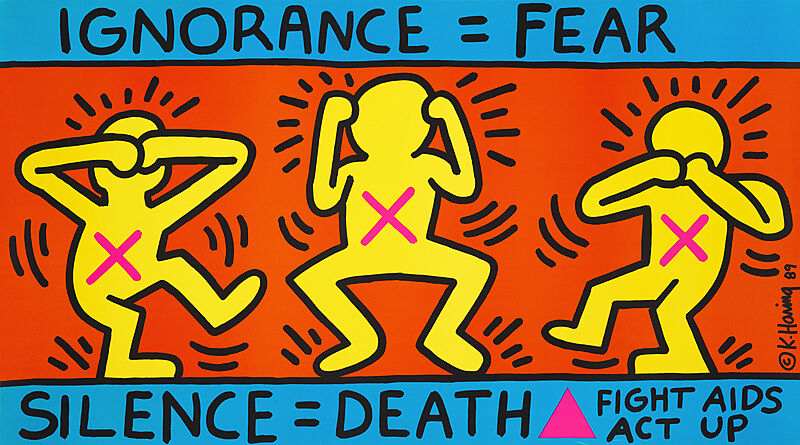 A painting of three figures in the see no evil, hear no evil, speak no evil poses with the text "Ignorace = Fear / Silence = Death = Fight AIDs Act Up"