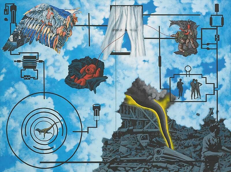 A painting of different figures against the background of a cloudy sky.
