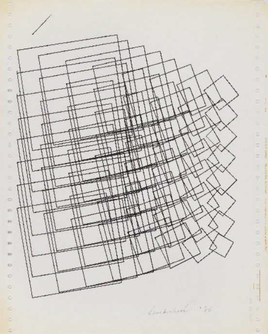 An abstract drawing on a piece of perforated paper.