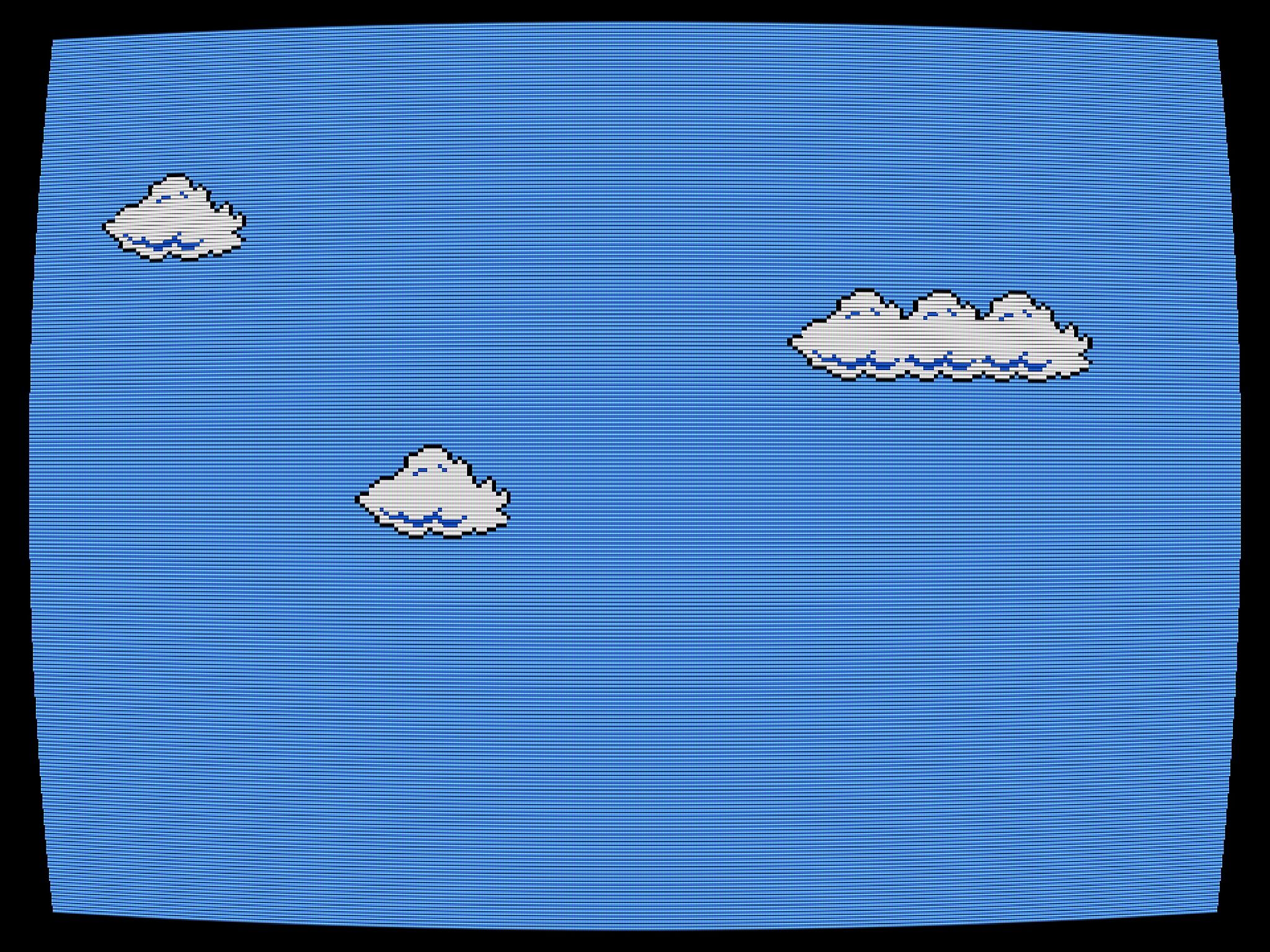 Pixelated white clouds on a blue background.