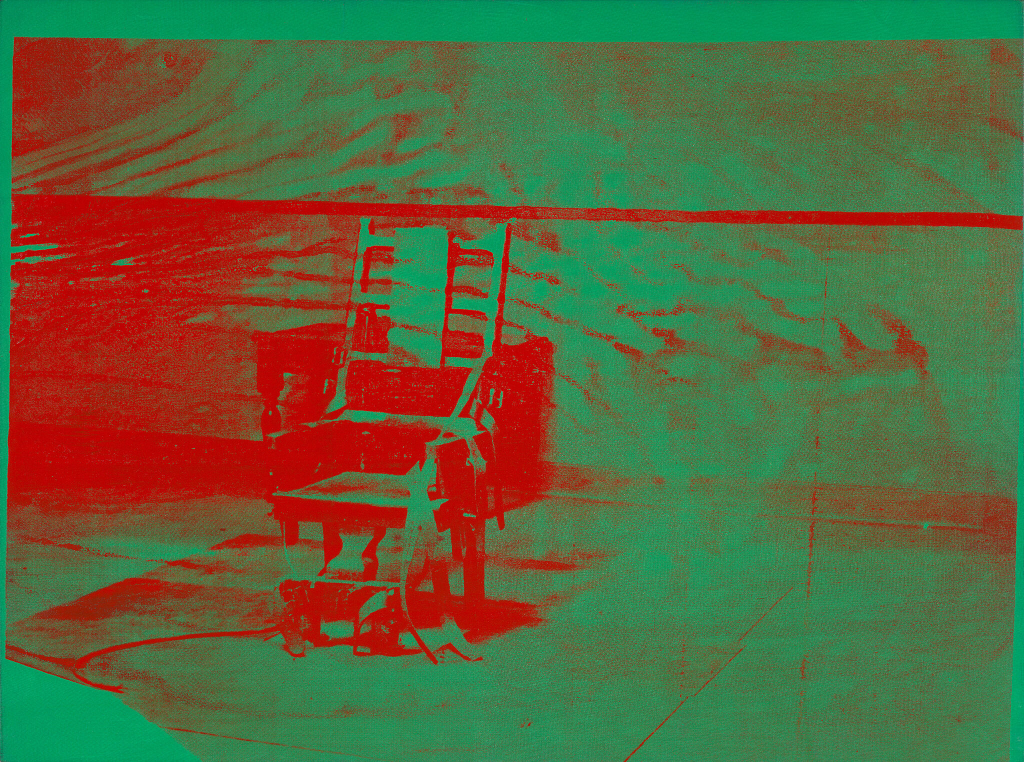 Red and green screenprint of an electric chair.