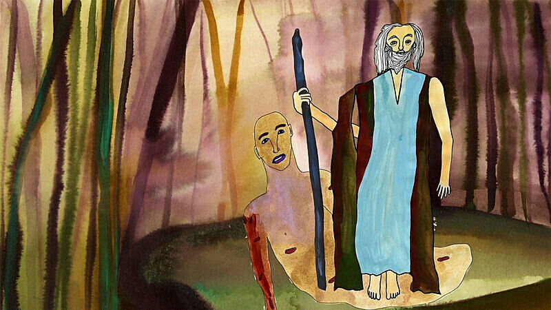 A still from an animation of two man in the woods. 