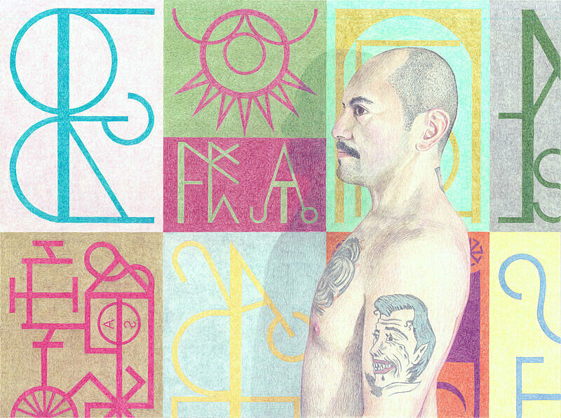 A drawing of a topless man with tattoos standing in front of some images. 