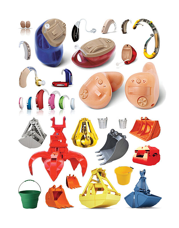 Different kinds of excavators and related tools. 
