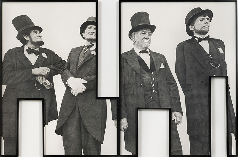 Four people dressed in period suits. 