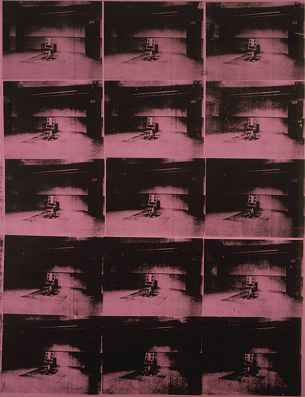 A grid of 15 lavender tinted photographs of an electric chair