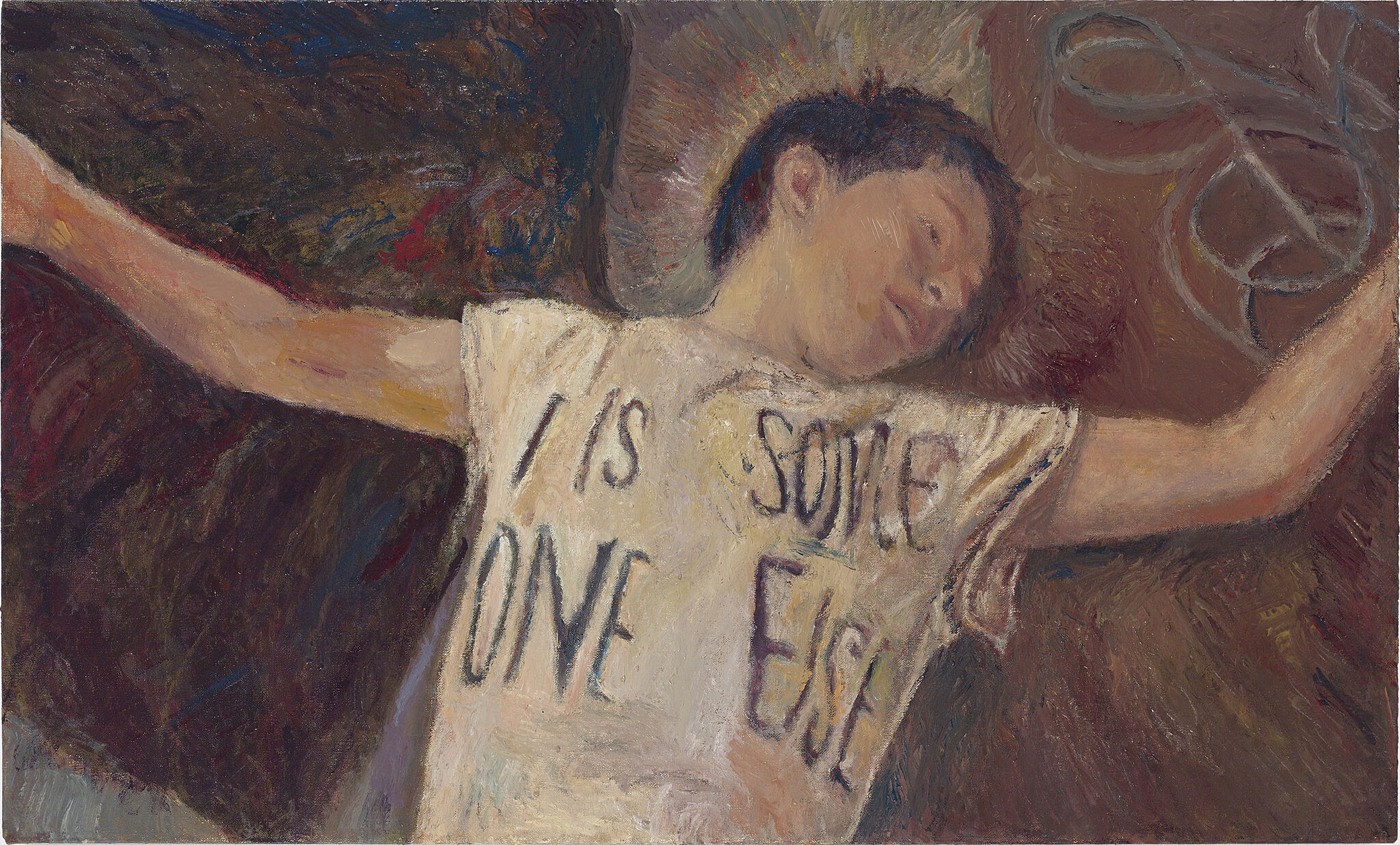 A painting of a boy lying on bed. 