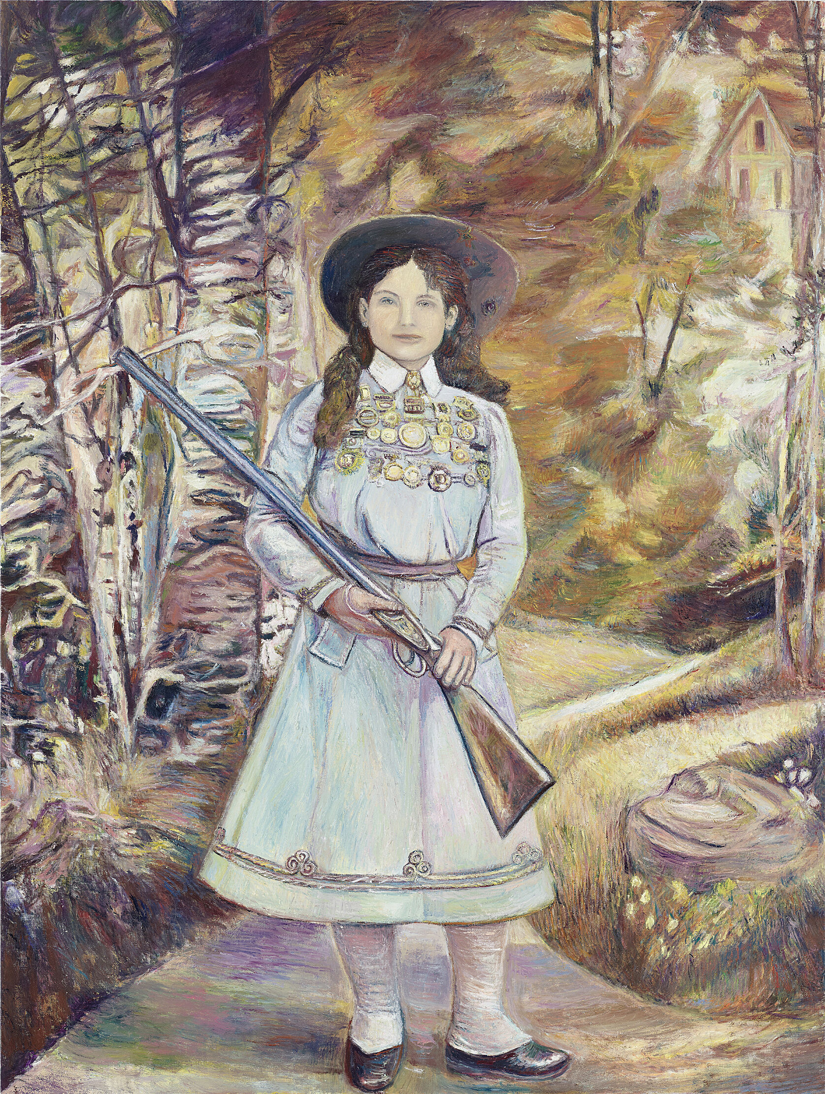 A painting of a girl holding a long gun. 