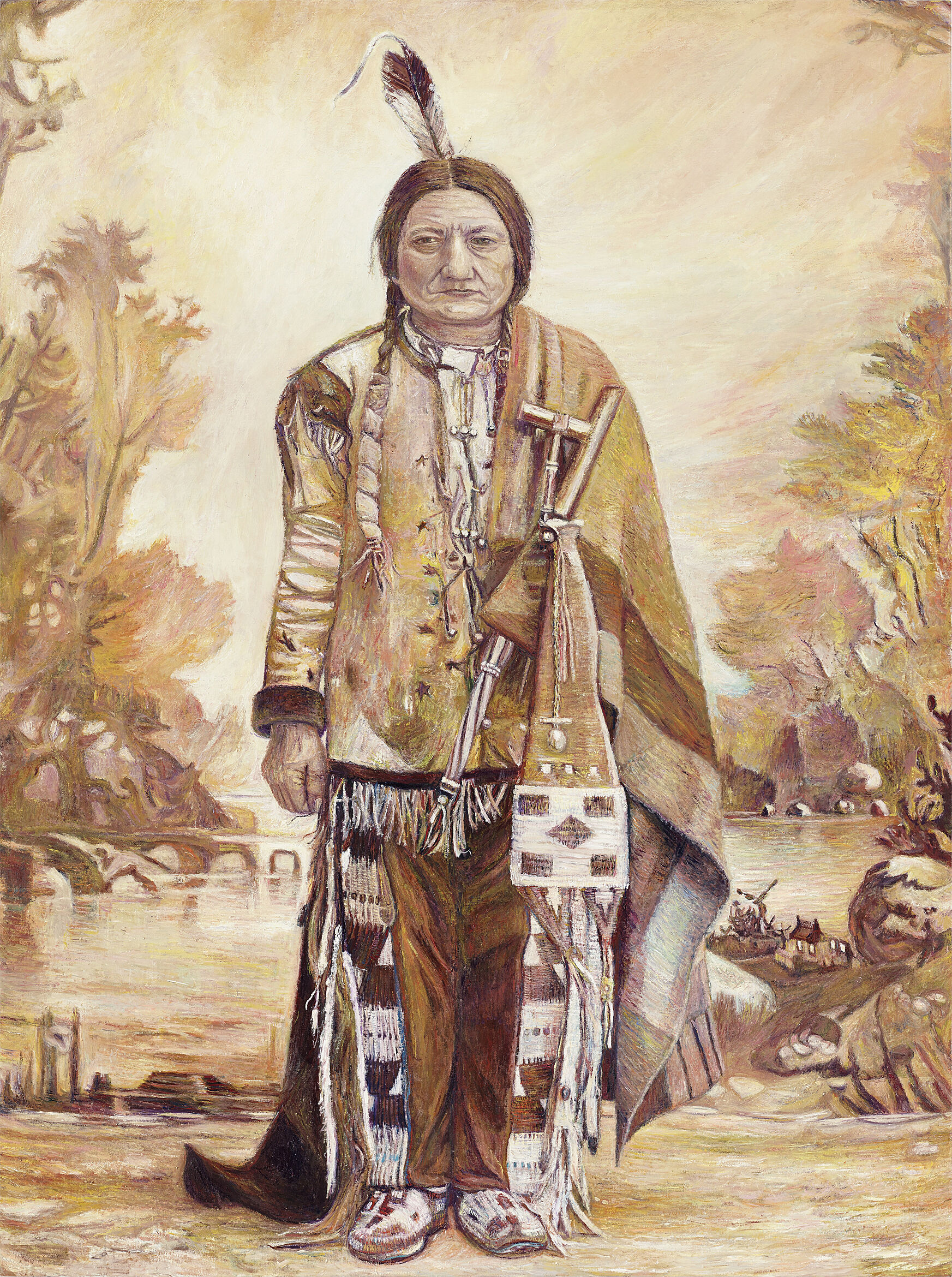 A painting of a person in native american clothing. 