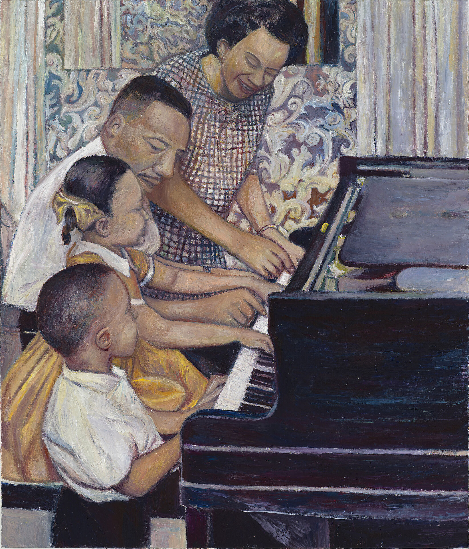 A painting of parents teaching their kids play the piano. 