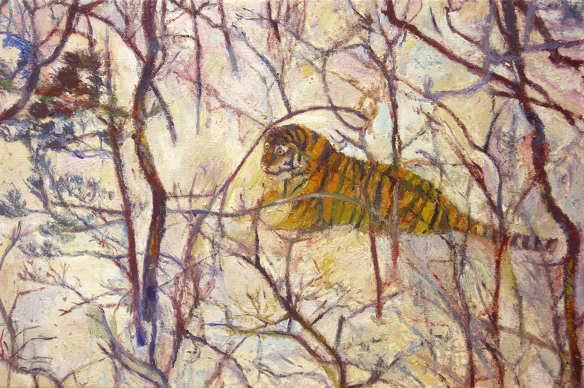 A painting of a tiger walking in the snow. 