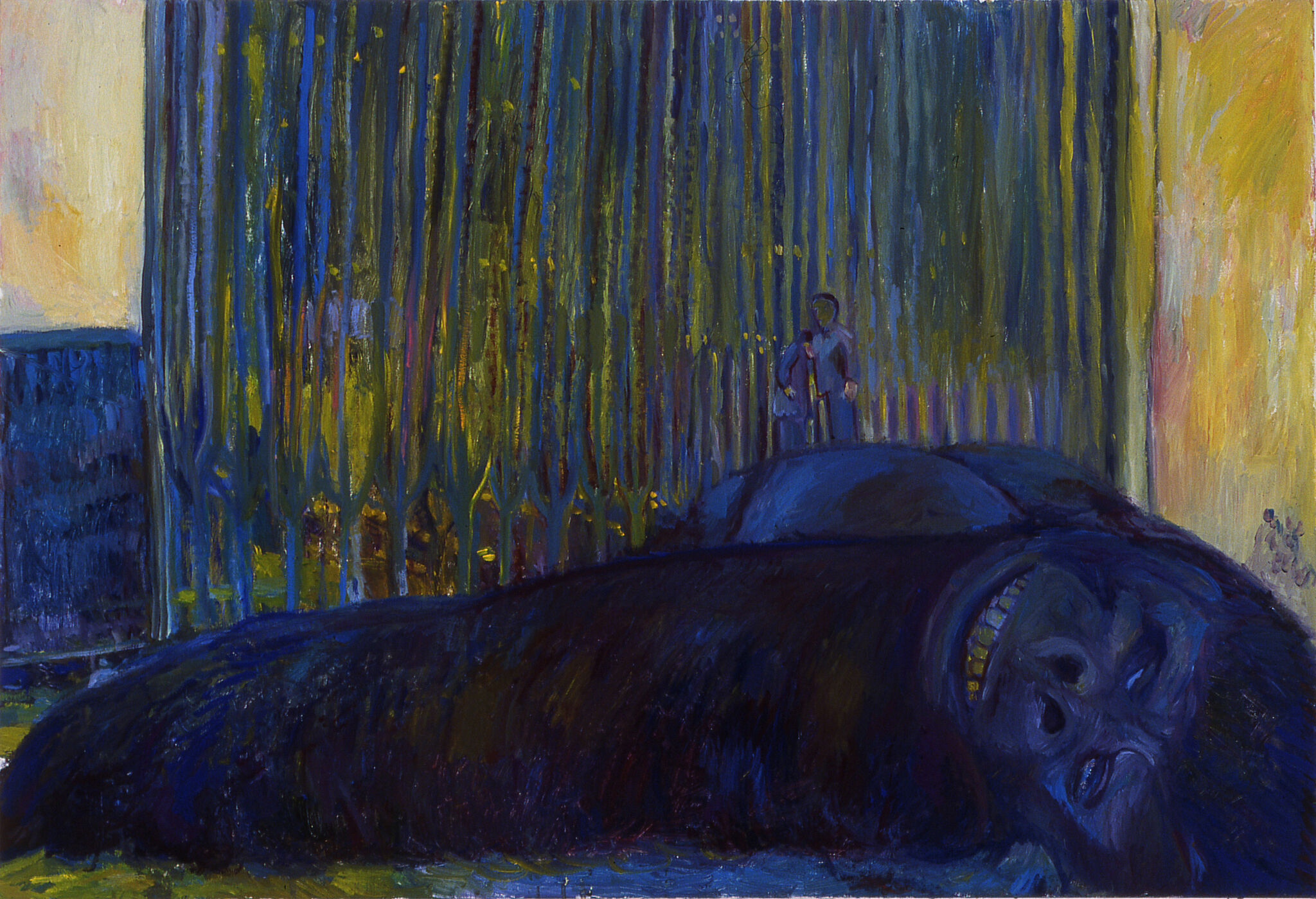 A painting of King Kong lying on the ground. 