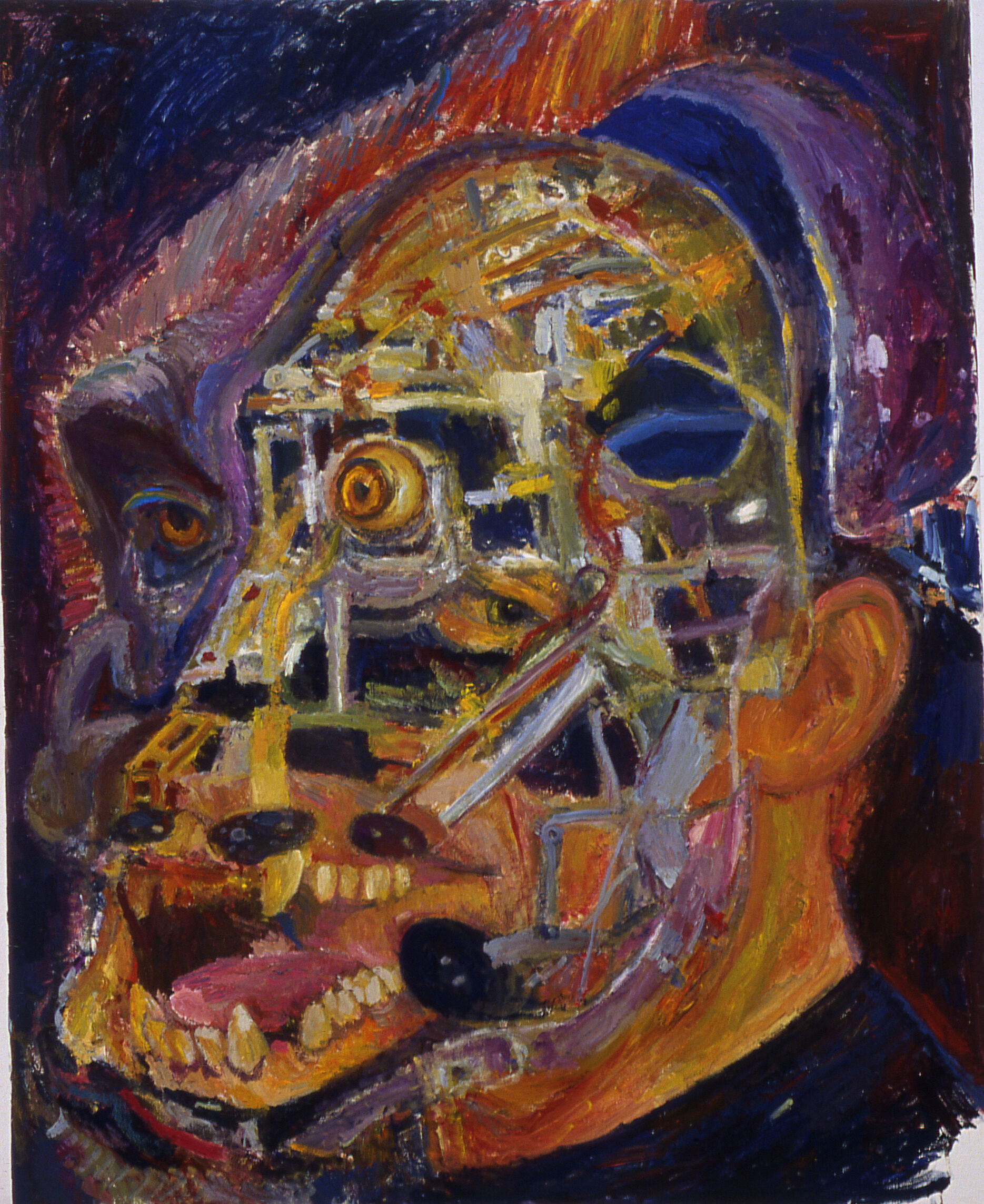 A painting of a portrait of a man with a scary face. 