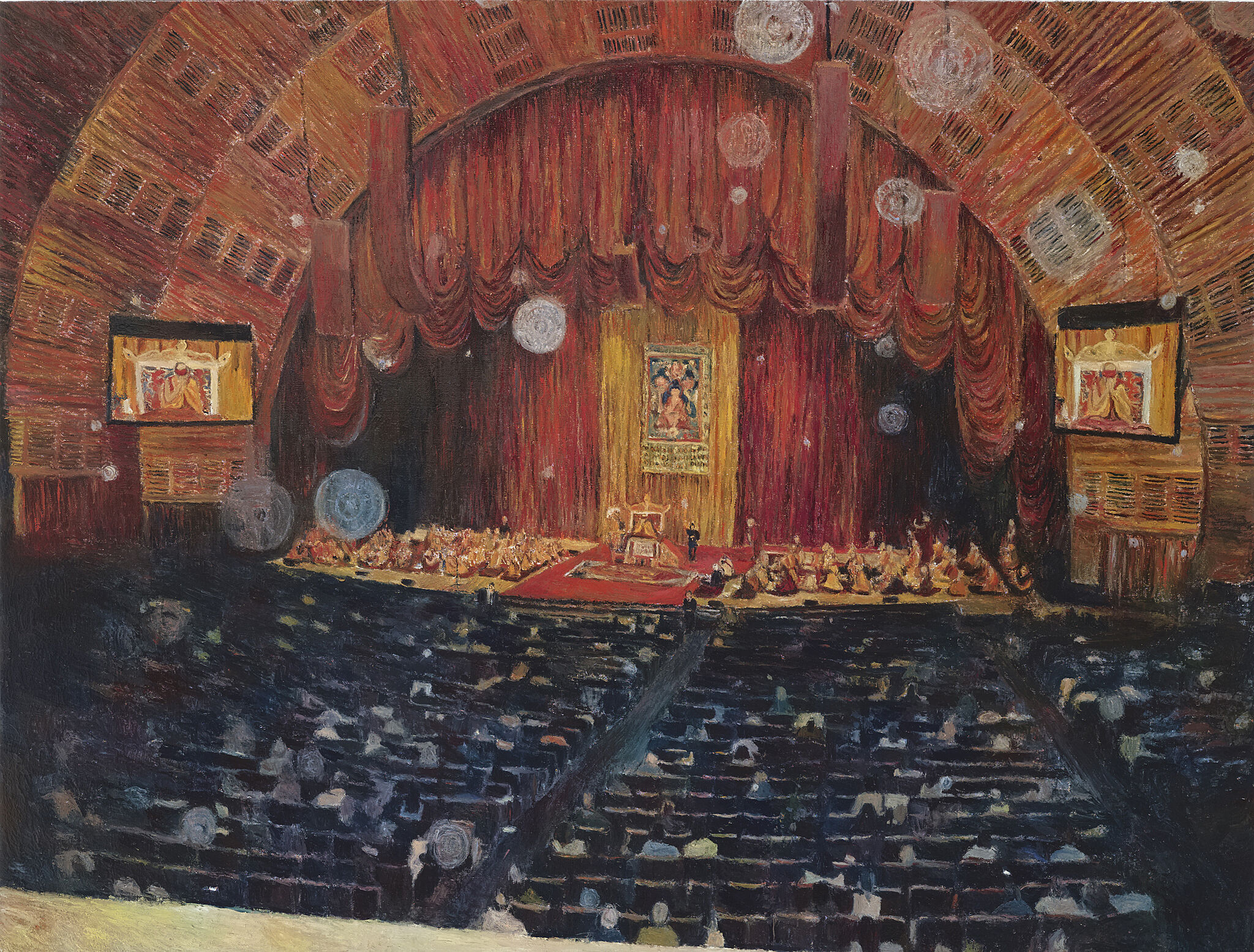 A painting of a view inside Radio City Music Hall. 