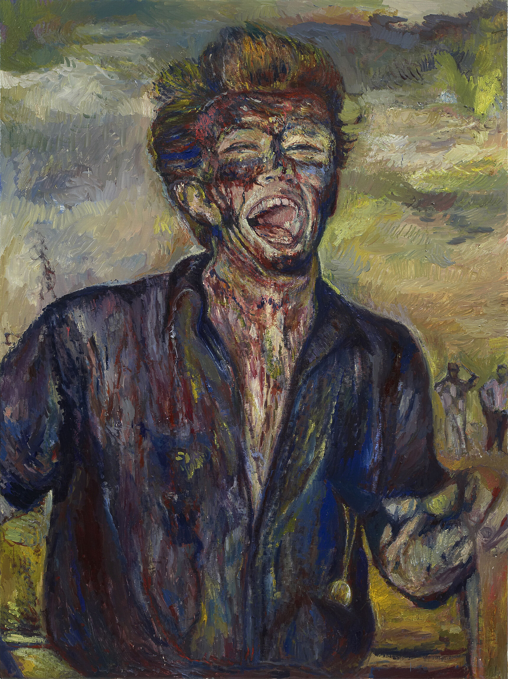 A painting of a man who works at a gusher. 