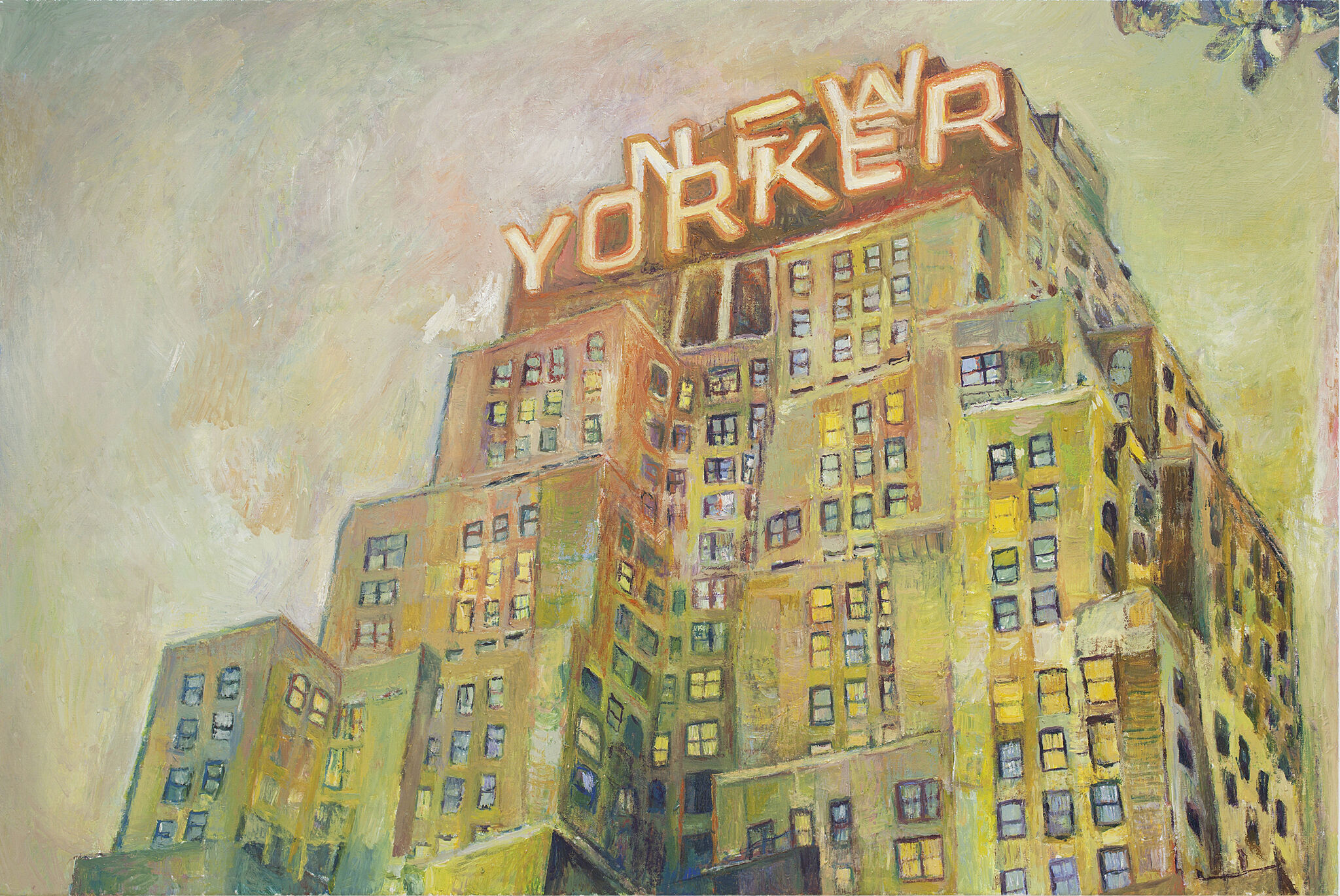 A painting of a building with a neon sign saying New Yorker. 