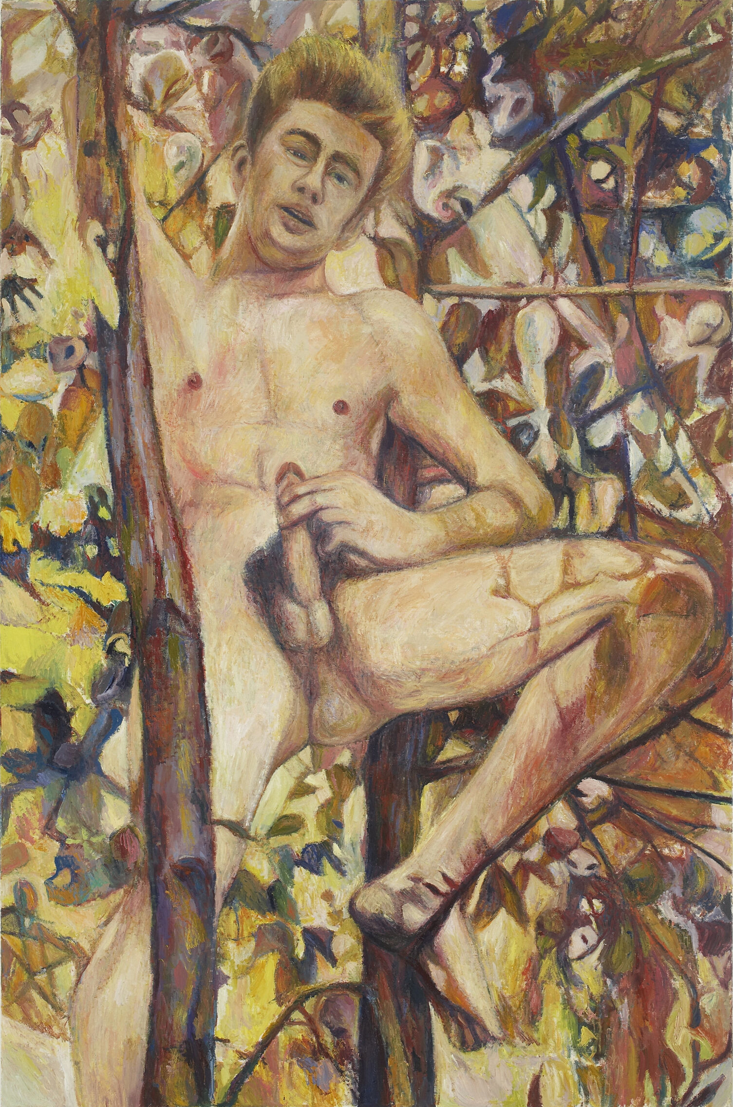 A painting of a naked man in a tree. 