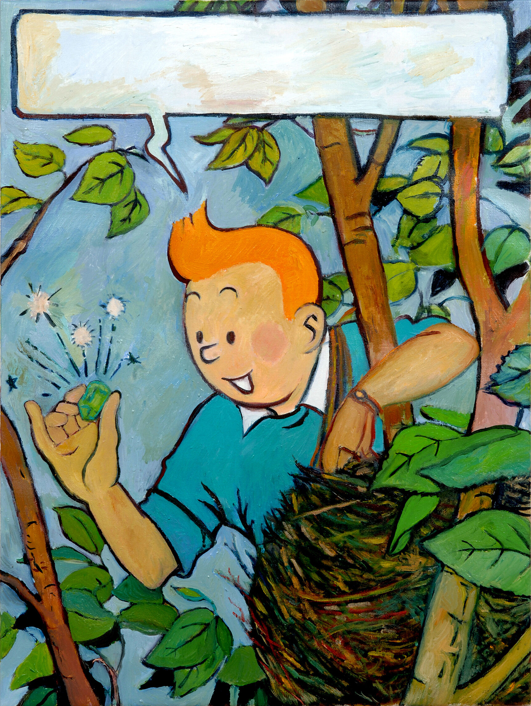 A painting of Tin Tin finding an emerald in a tree. 