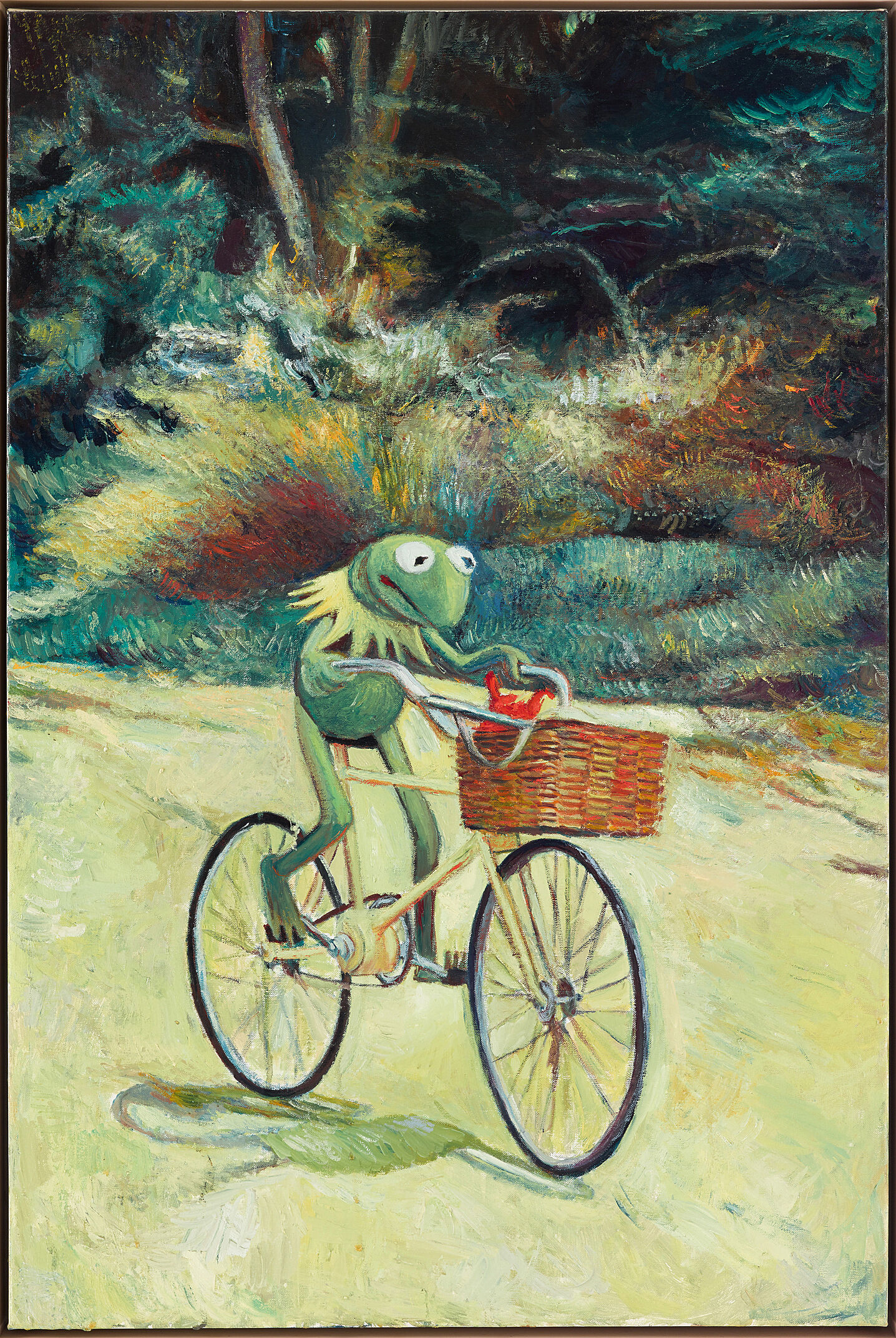 A painting of Kermit the Frog riding a bike. 