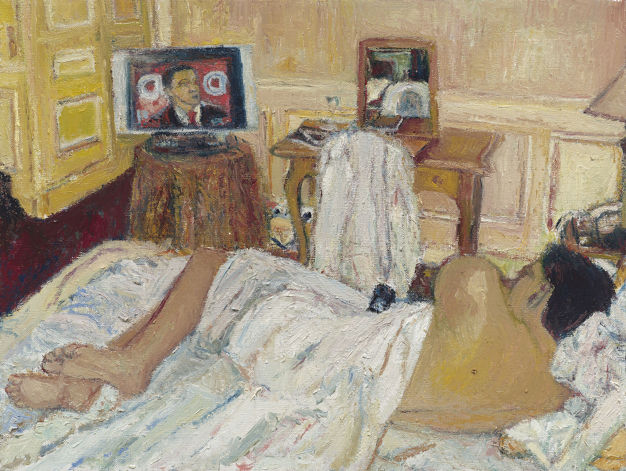 A painting of a person lying on bed and watching TV. 