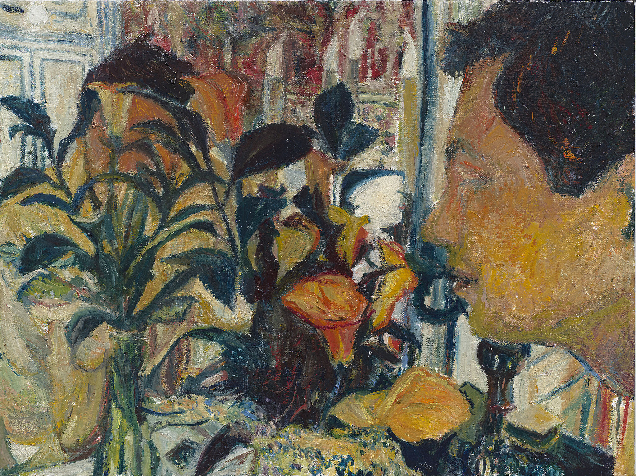 A painting of a man smelling flowers. 