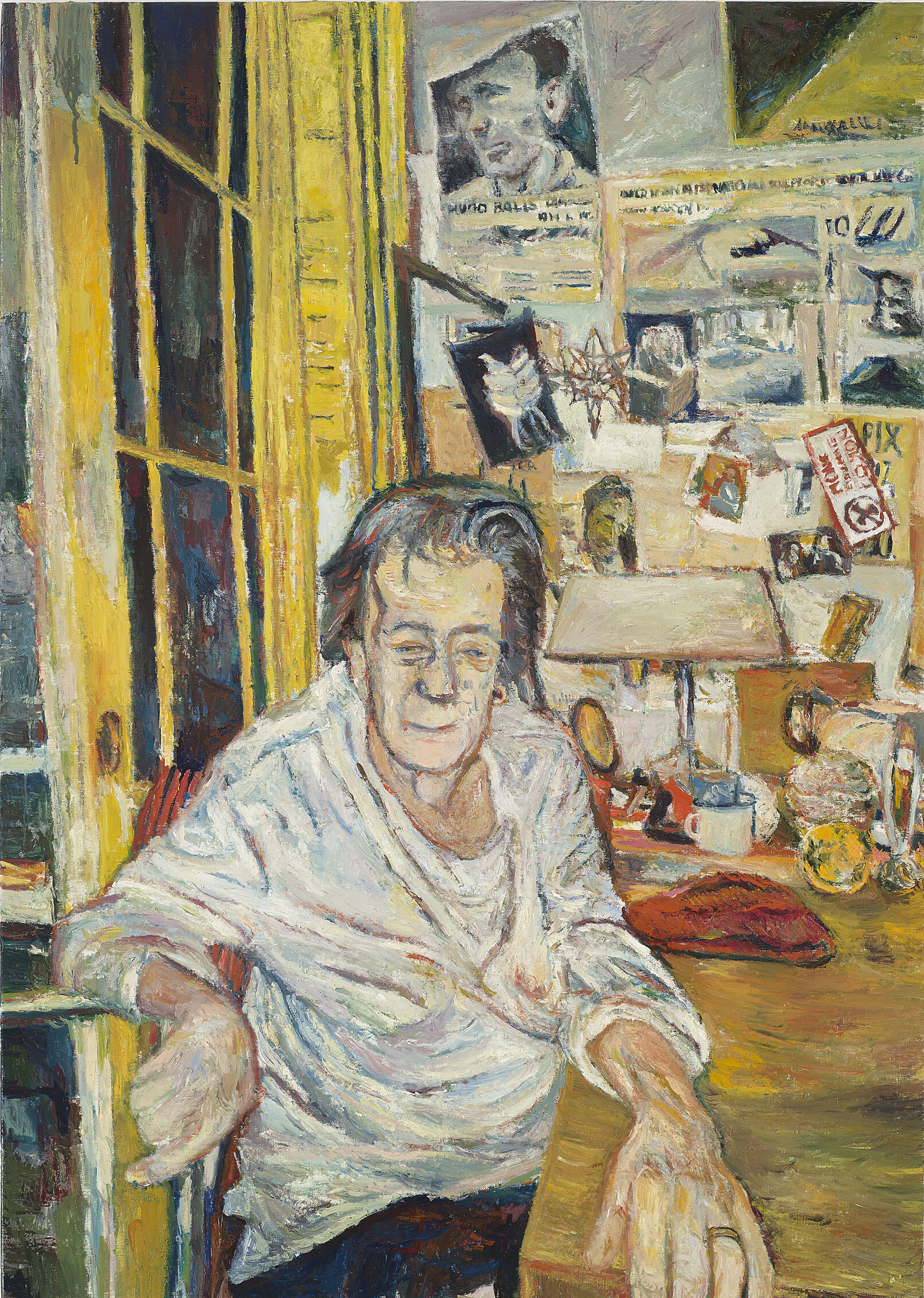 A painting of a woman sitting in a study. 