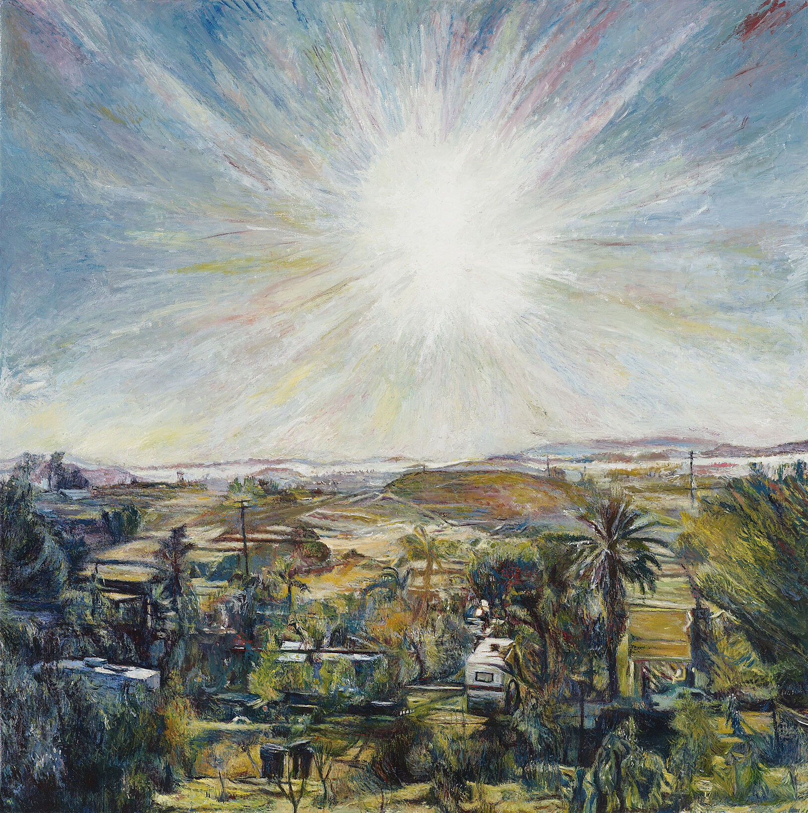 A painting of a sun shining over a city. 