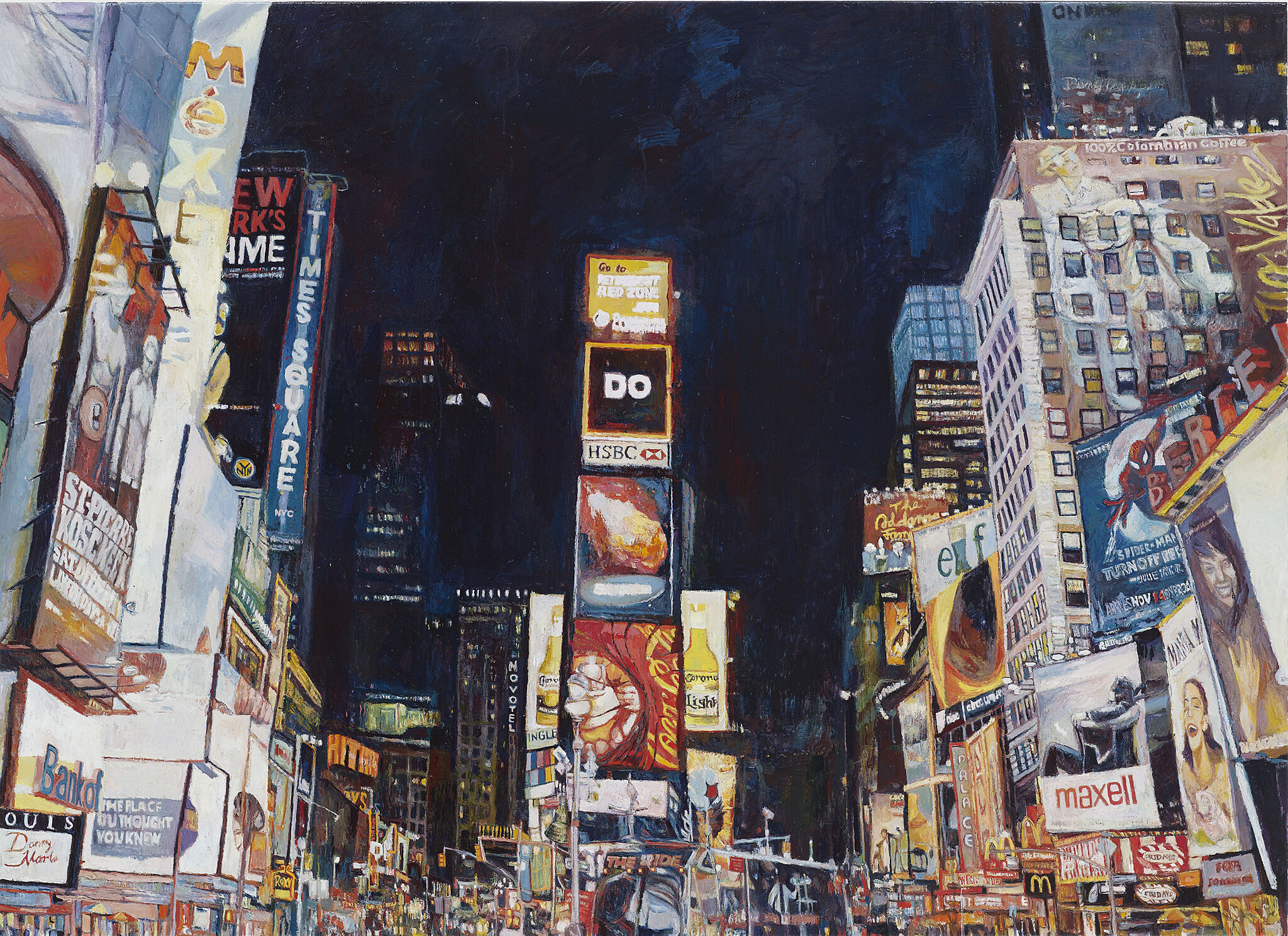 A painting of Time Square at night. 