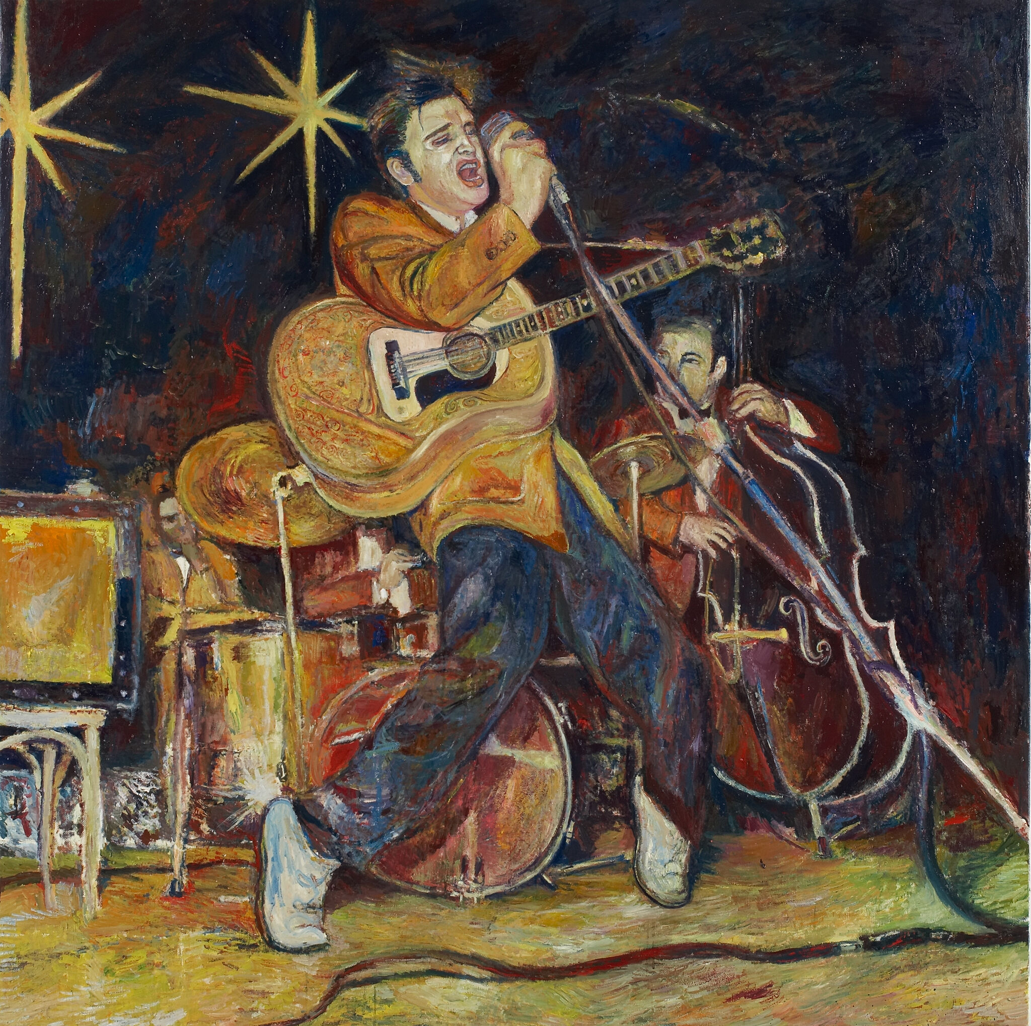 A painting of Elvis Presley singing. 