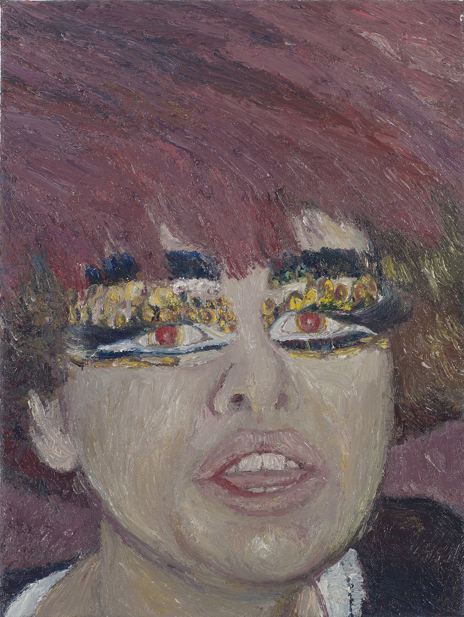 A painting of a woman with dramatic makeup. 