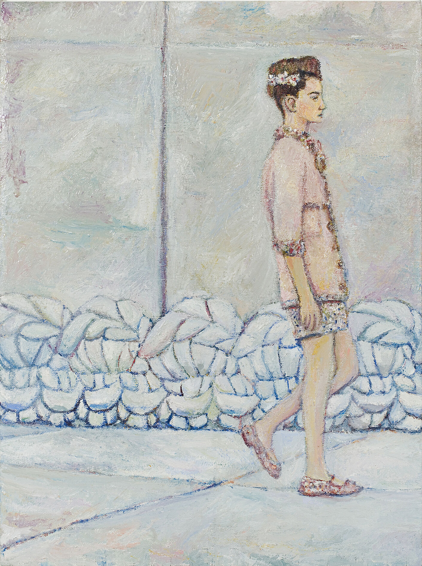 A painting of a model in pink walking down the runway. 