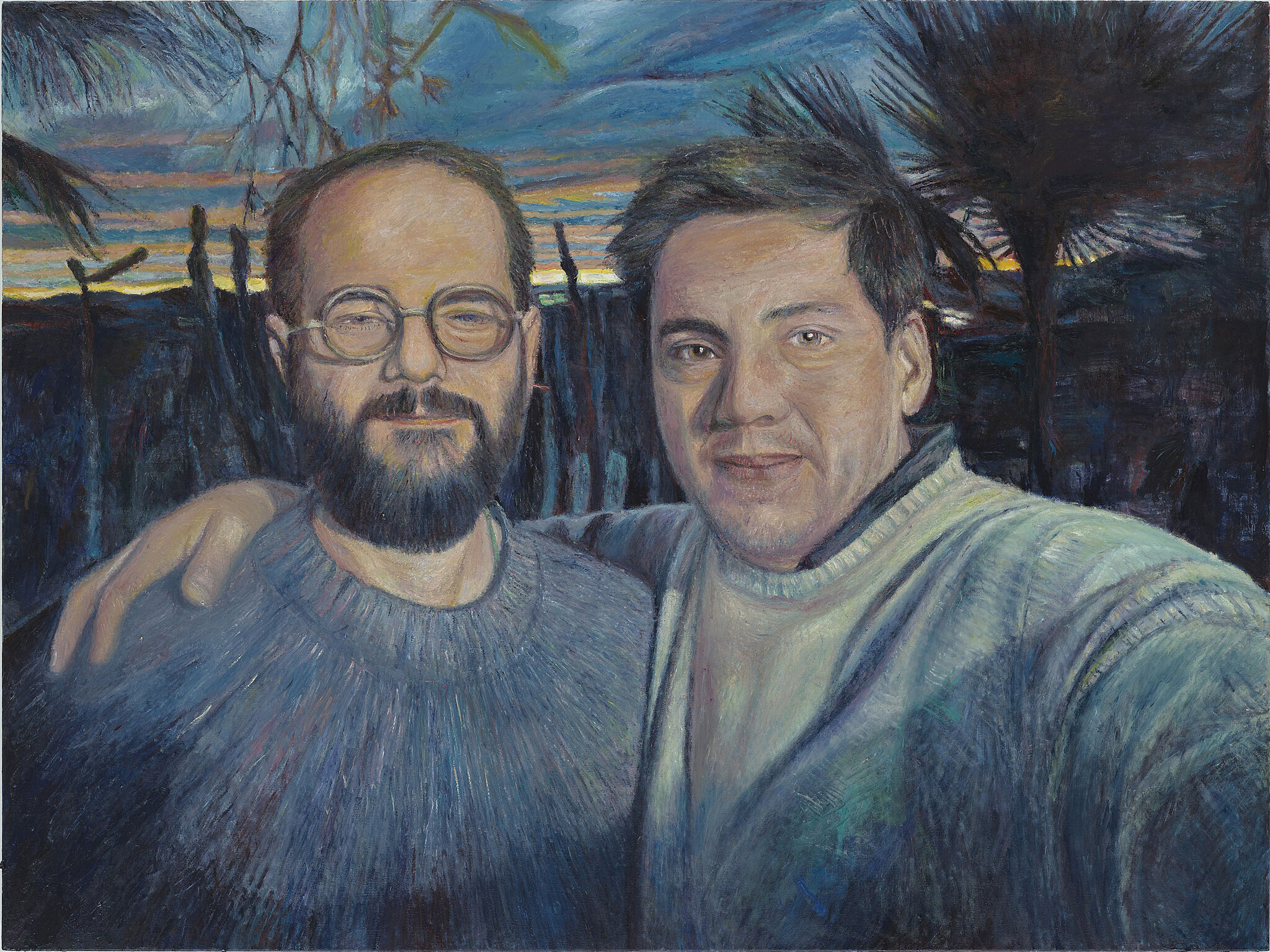 A painting of a selfie of two men. 