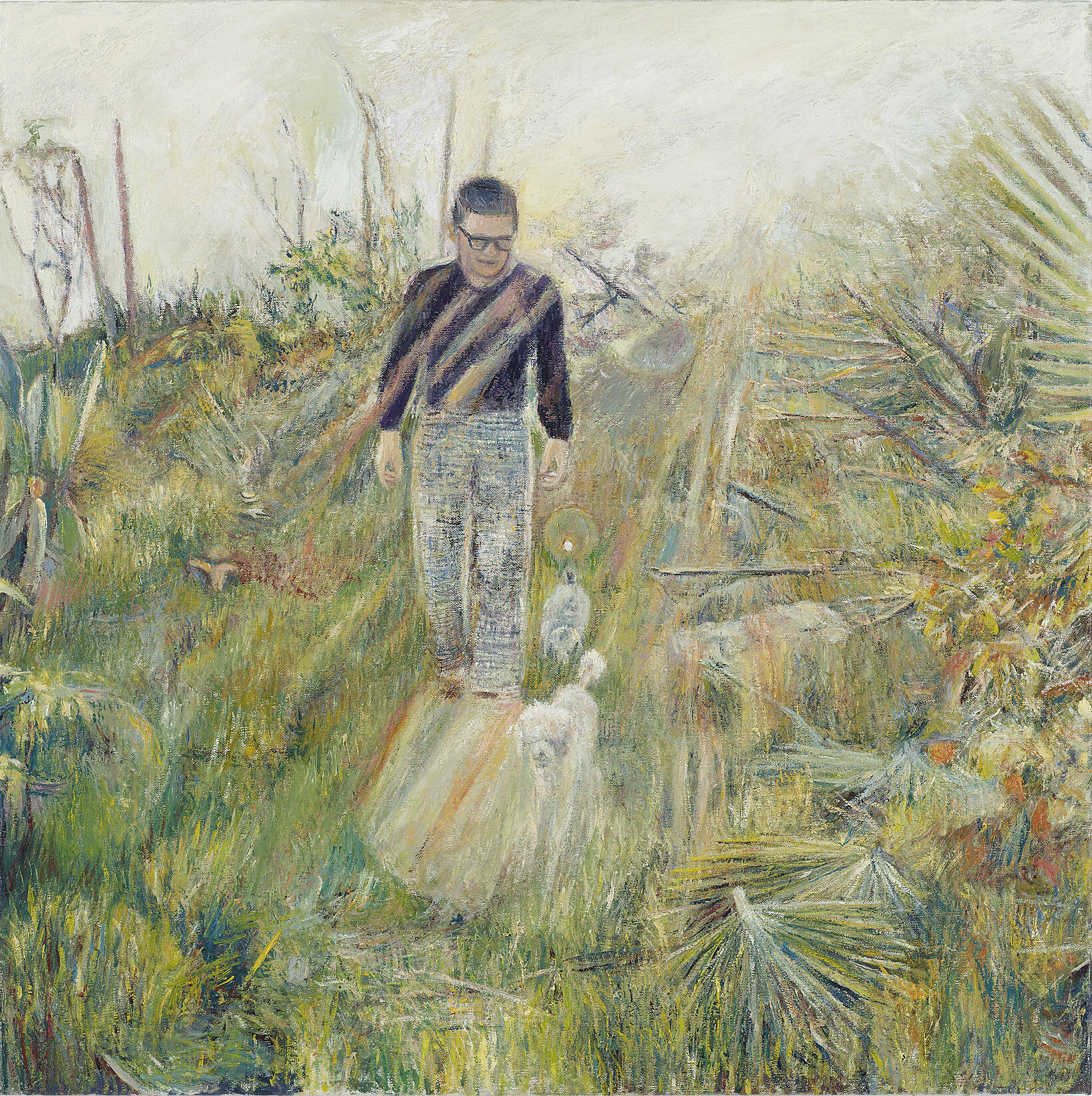 A painting of a man walking a dog. 