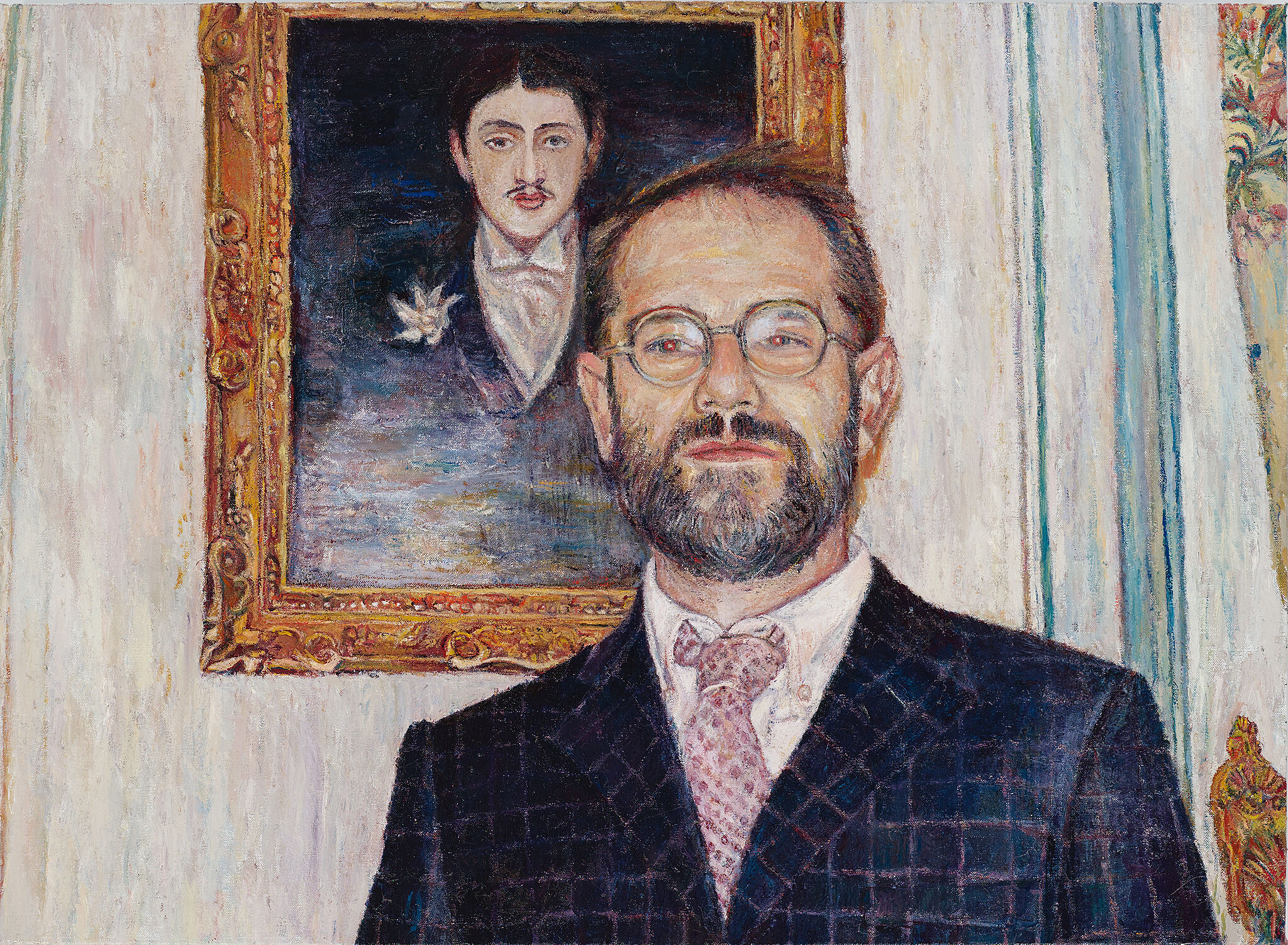 A painting of a man standing in front of a painting. 