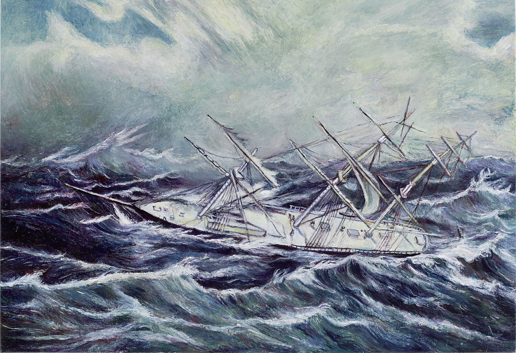 A painting of a boat on a rolling sea. 