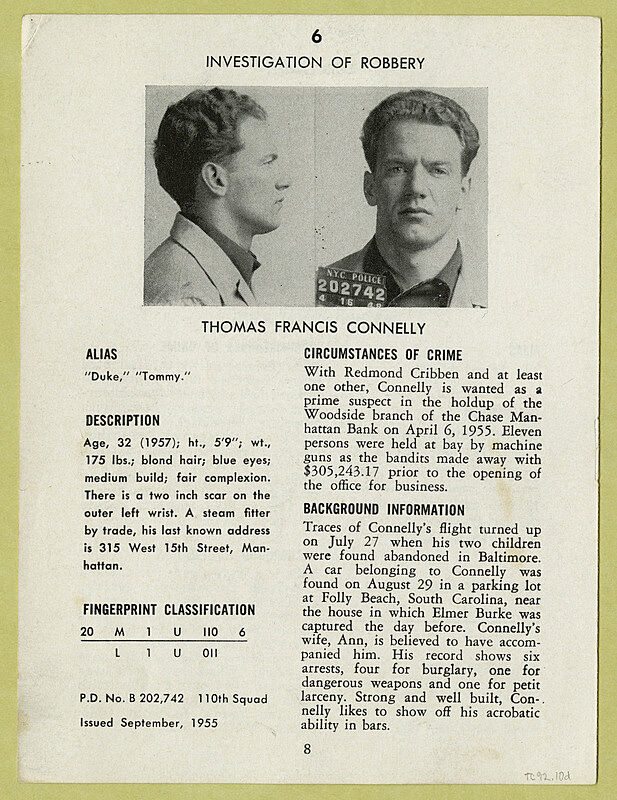 A poster of a criminal looking straight forward and in profile with text underneath.