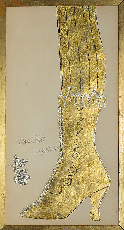 a gilded collage depicting a woman's boot