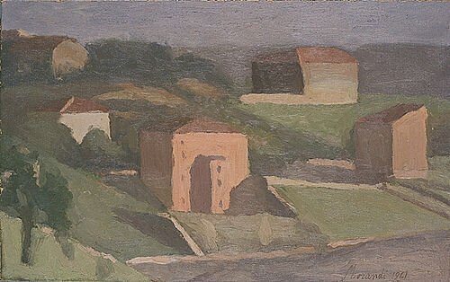 A painting of a landscape with houses. 