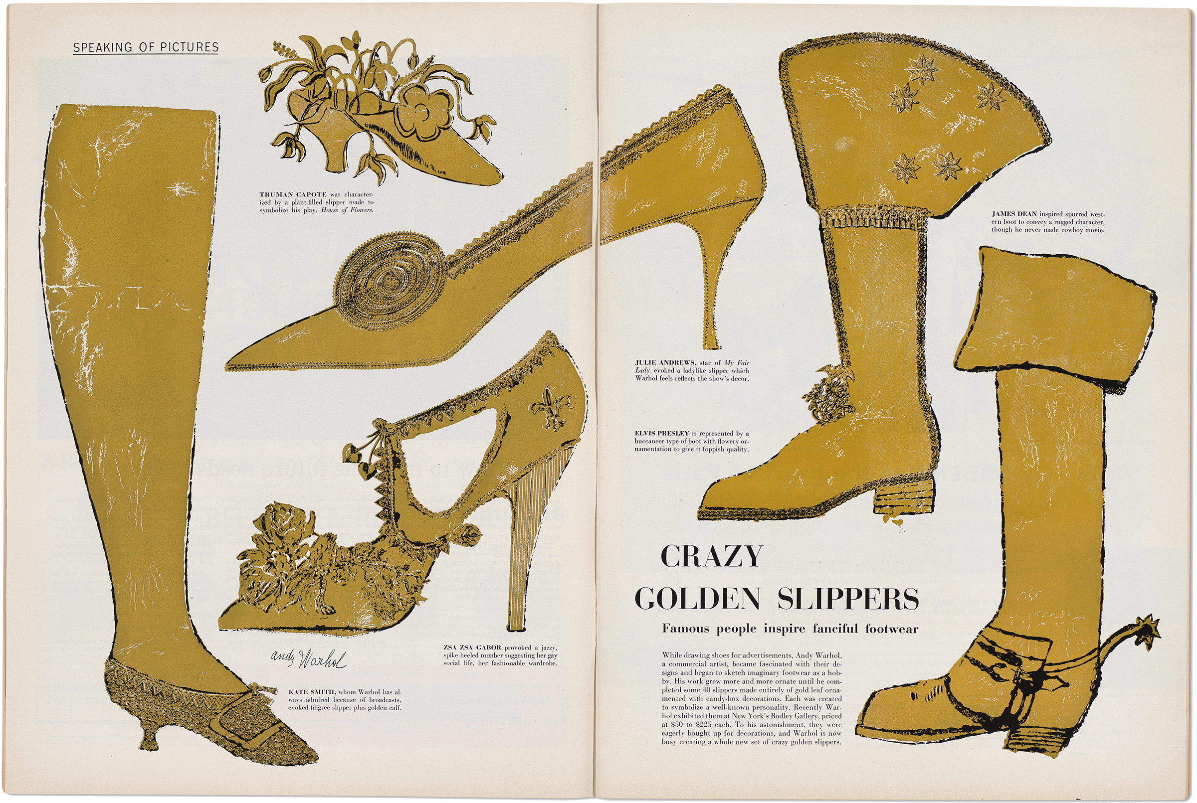 Magazine spread with shoe illustrations.