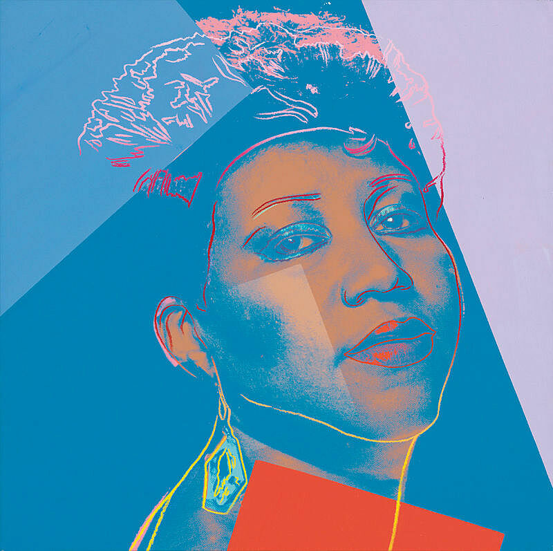 A colorful painted photograph of Aretha Franklin.