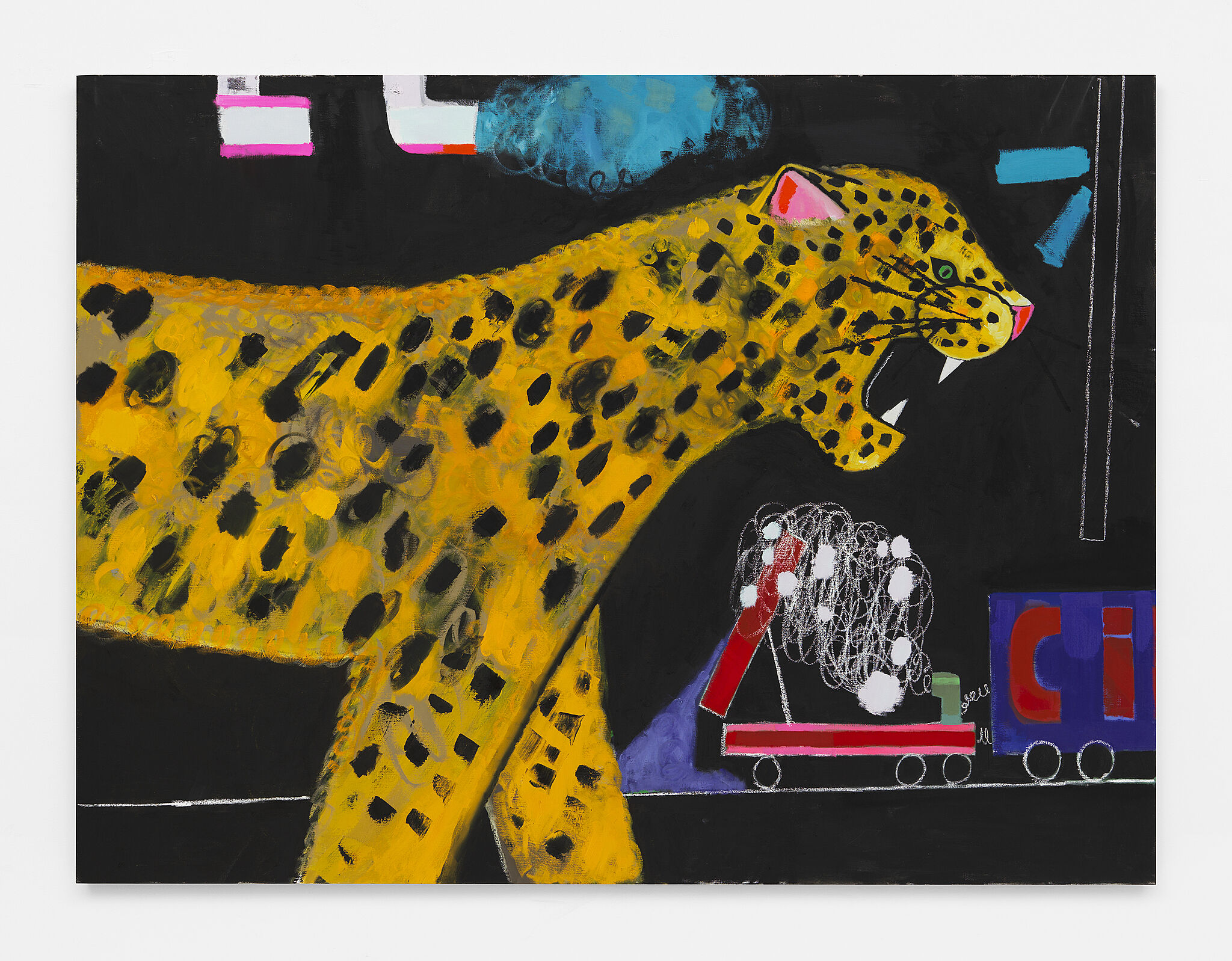 A painting depicting a cheetah on a black background with organic and geometric shapes.
