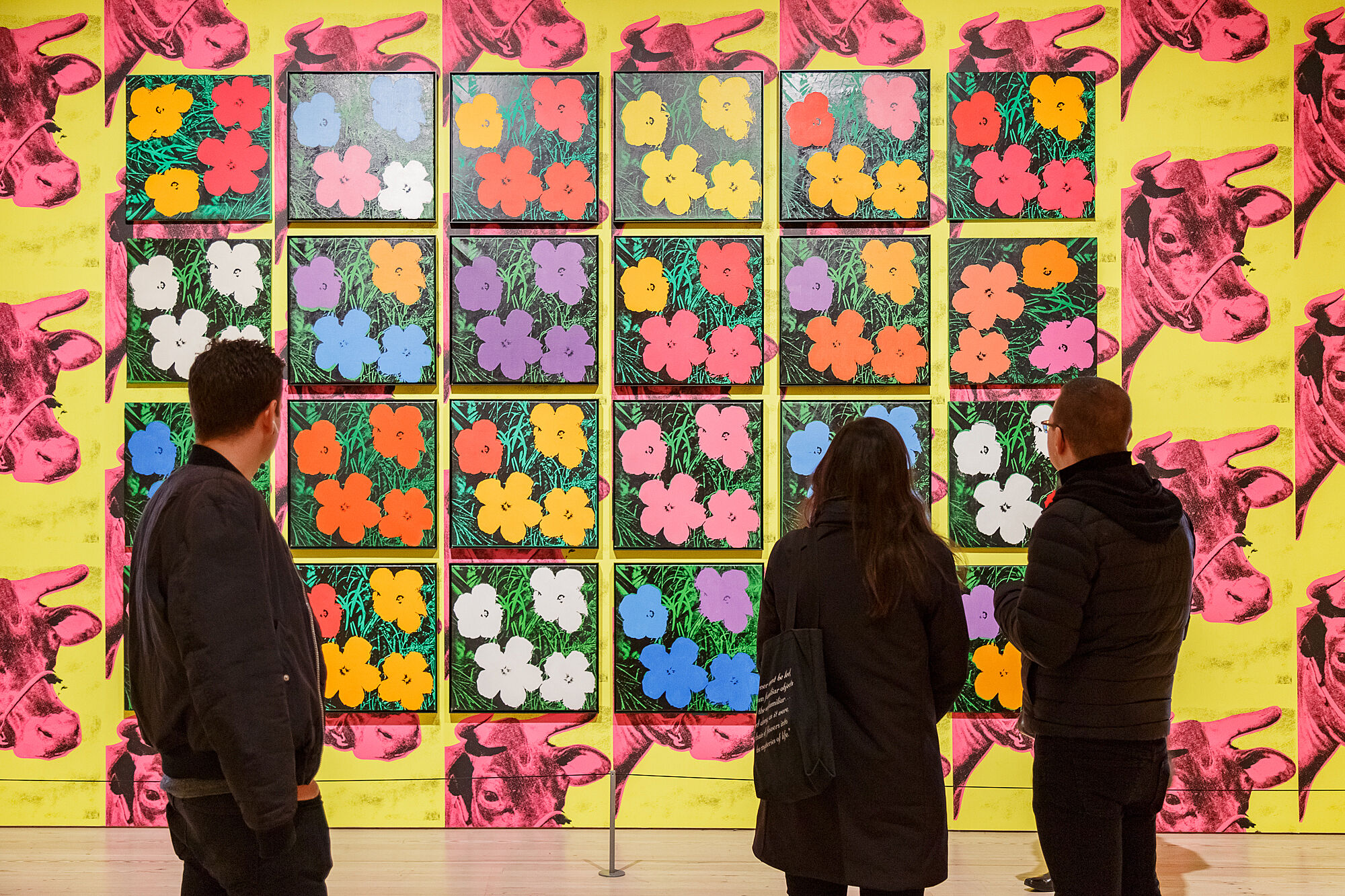 A photograph of 3 visitors, with their backs turned to camera, looking up at a large Warhol work.