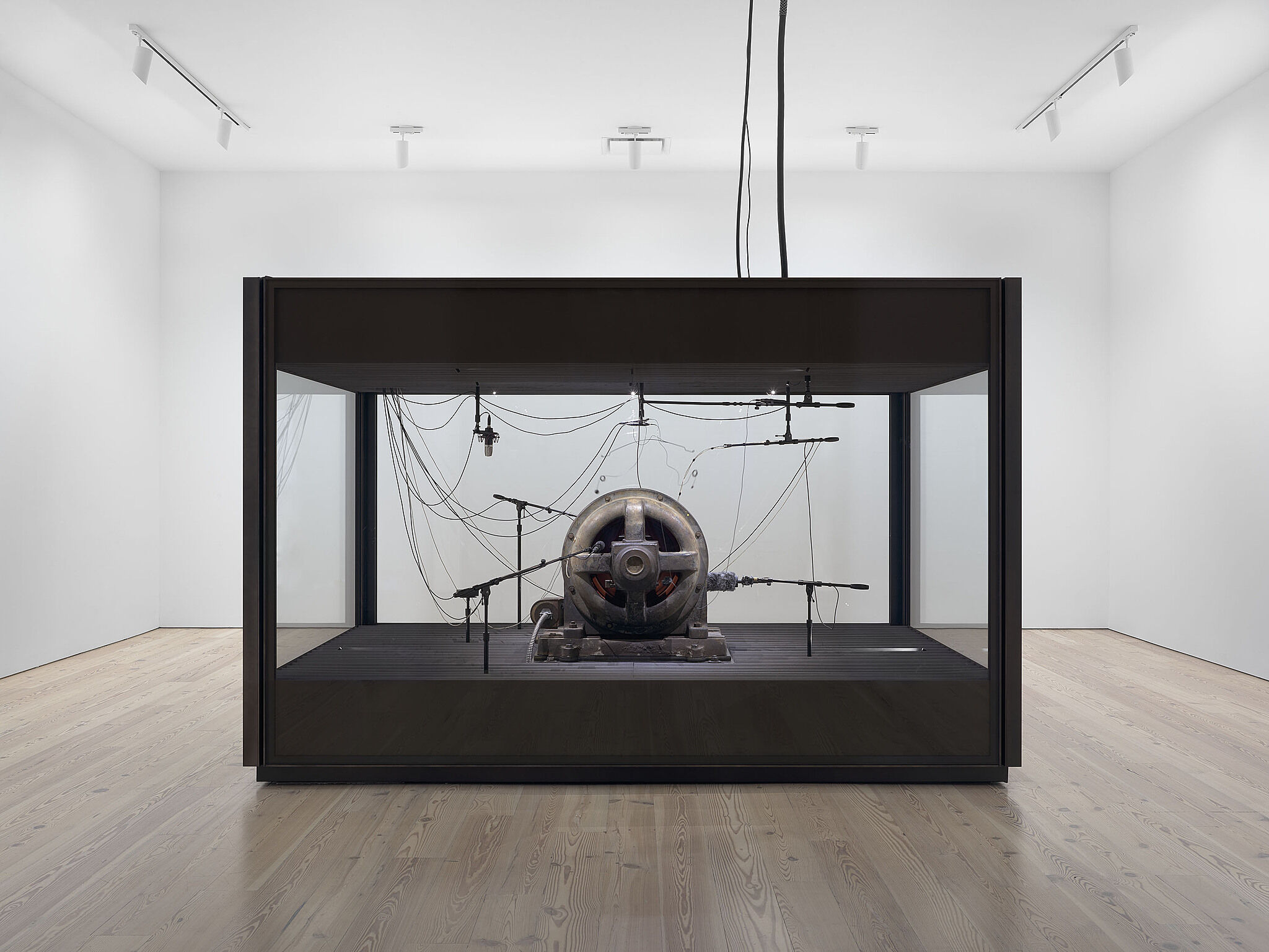 Installation view of Kevin Beasley: A view of a landscape, with a cotton gin motor inside of a glass chamber.