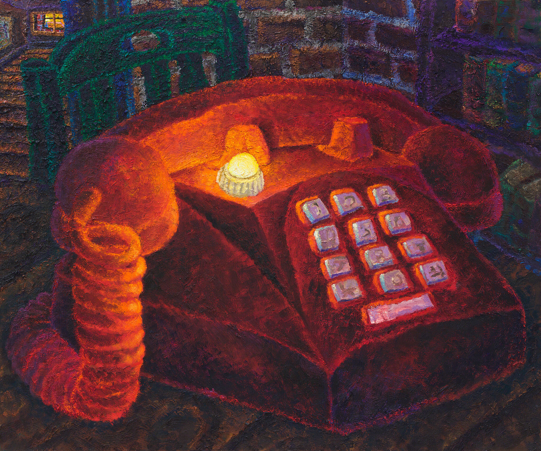 A close-up painting of and enlarged red telephone.